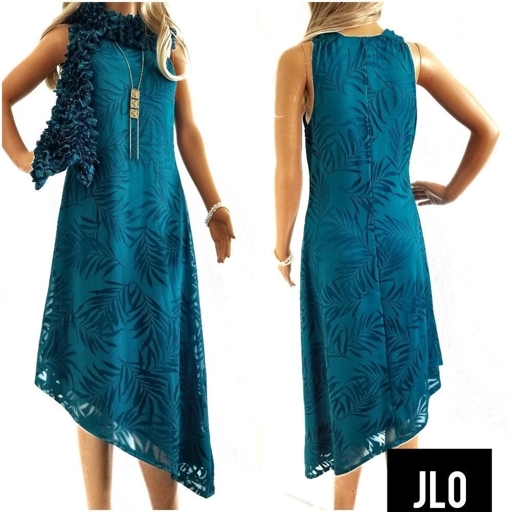 JENNIFER LOPEZ Asymmetrical Hankerchief Hem Midi Dress turquoise teal